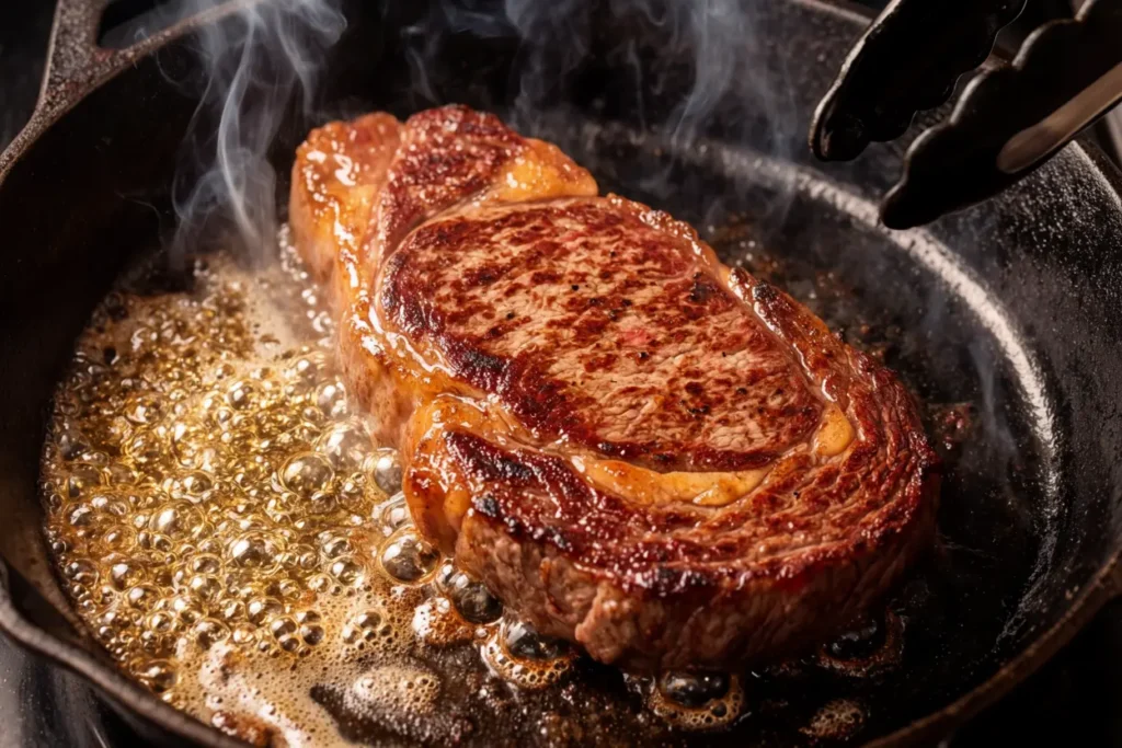 Chipotle-marinated steak searing in a cast iron pan