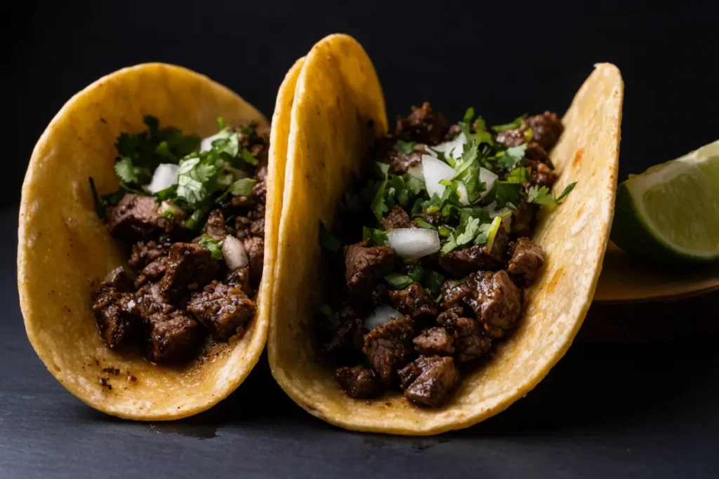 Chipotle steak served in tacos with cilantro and lime