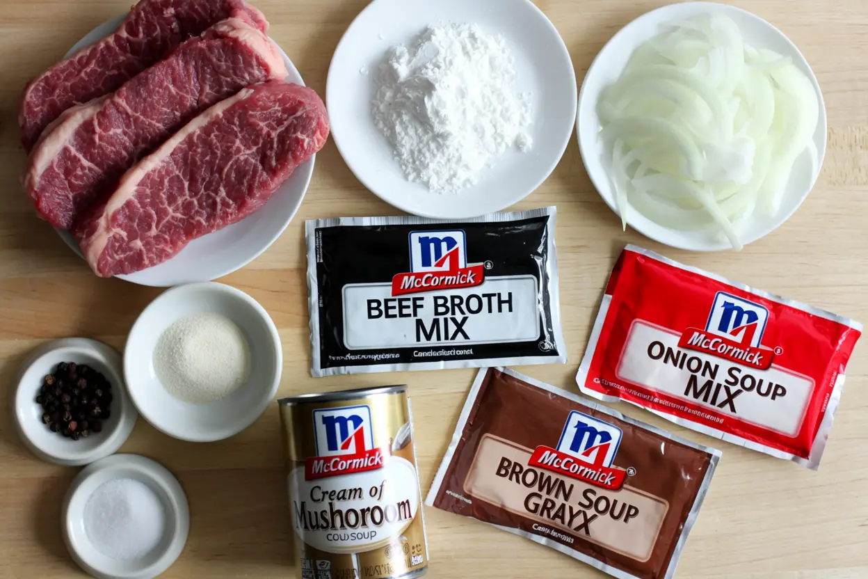Ingredients for crock pot cube steak and gravy laid out on a counter