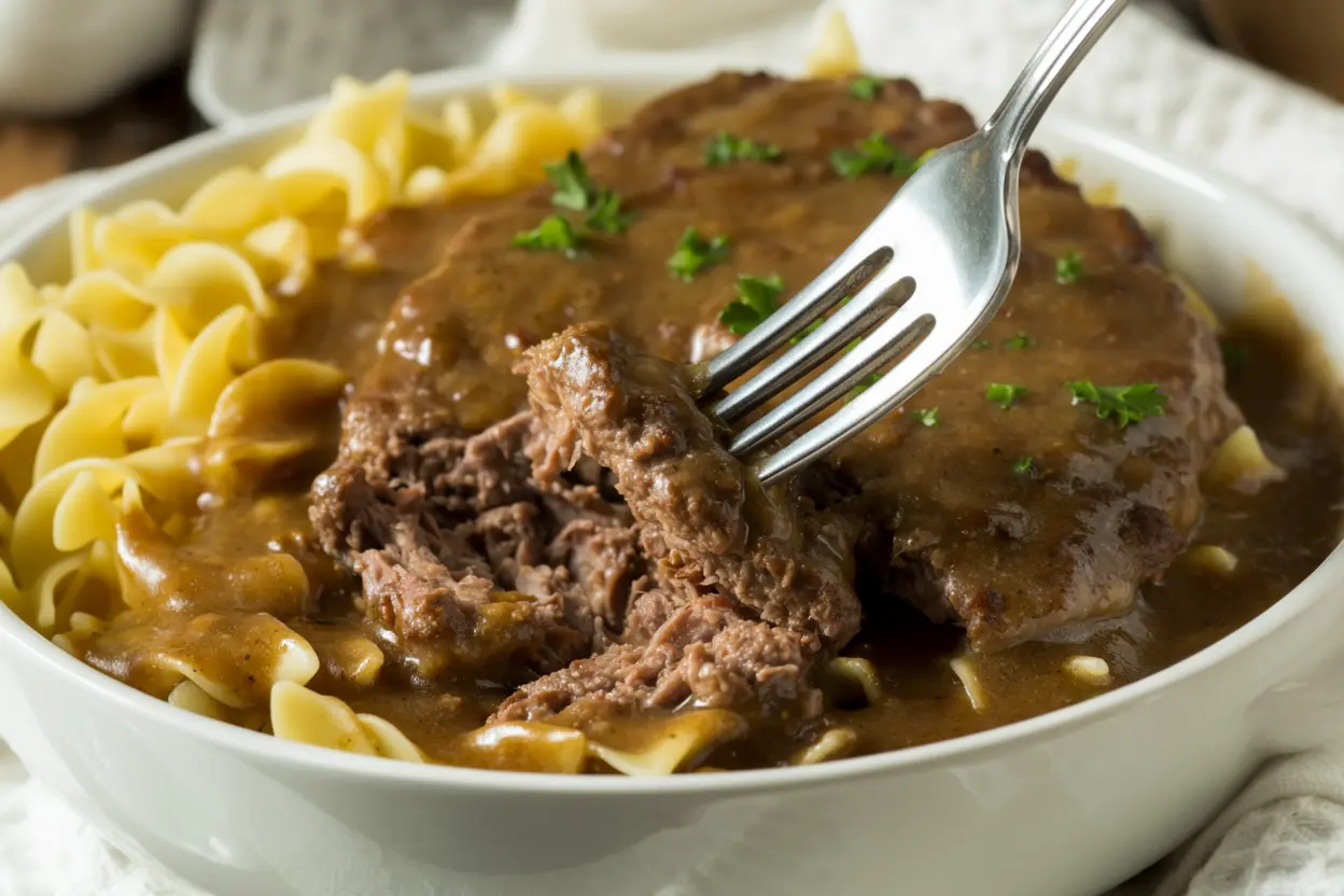 Fork-tender crock pot cube steak and gravy served over egg noodles