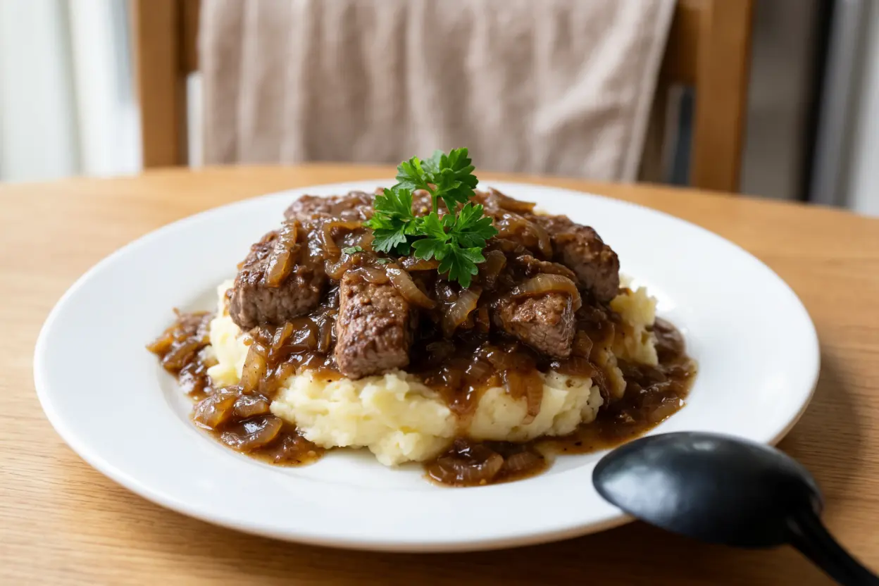 Crock pot cube steak smothered in rich brown gravy over mashed potatoes