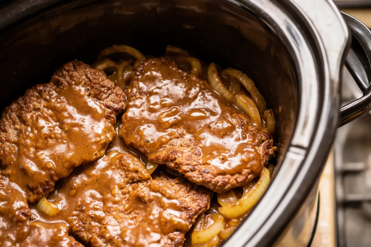 Cube steak layered with onions and gravy in a slow cooker before cooking