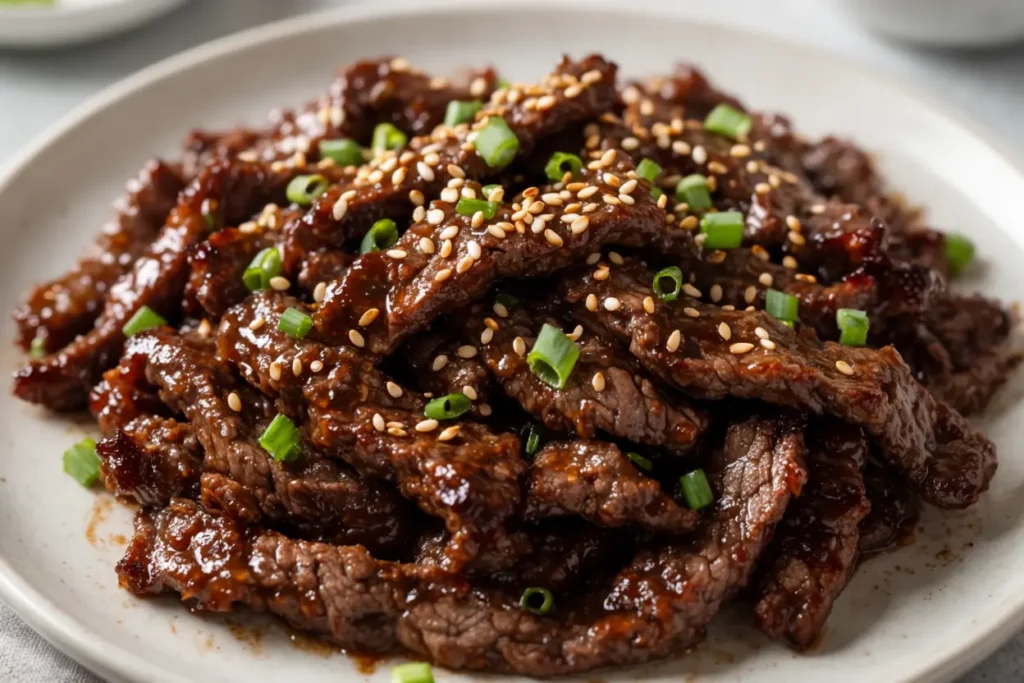 Close-up of glazy ground beef bulgogi with sesame and green onion