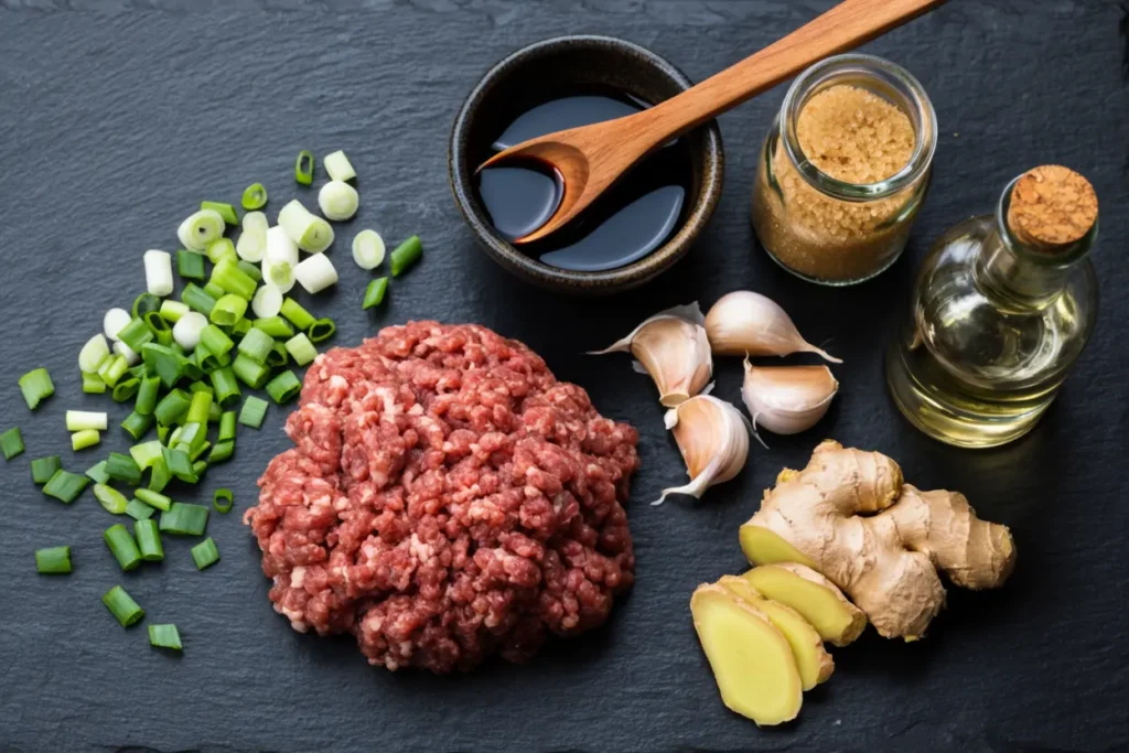 Ingredients for ground beef bulgogi including beef, soy sauce, brown sugar, garlic, ginger, and sesame