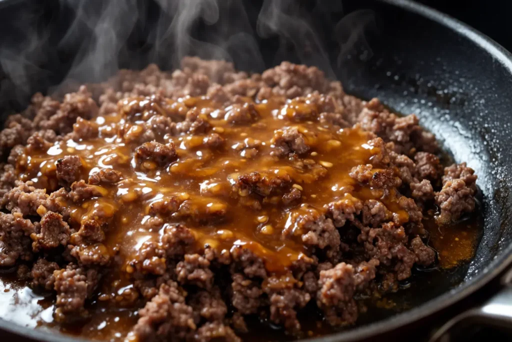 Ground beef simmering in glossy bulgogi sauce in a skillet