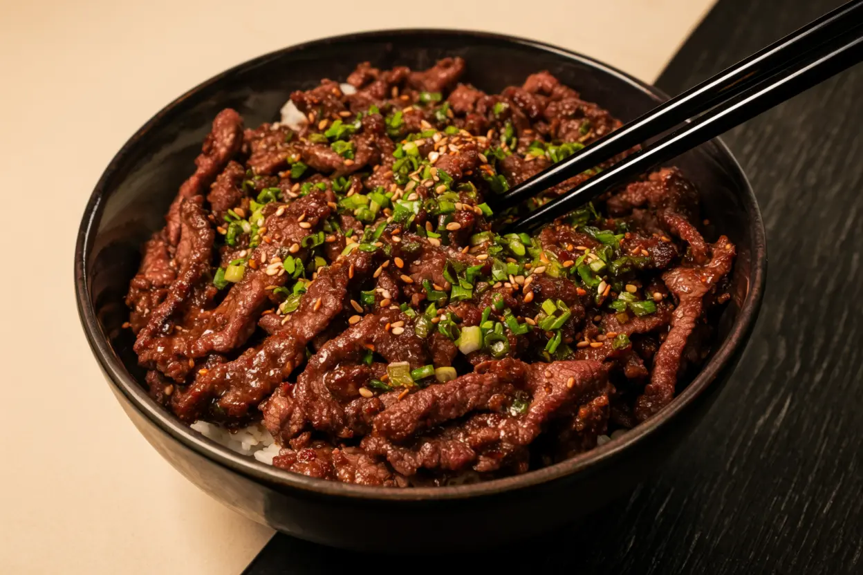 Ground beef bulgogi over rice in a bowl with green onions and sesame