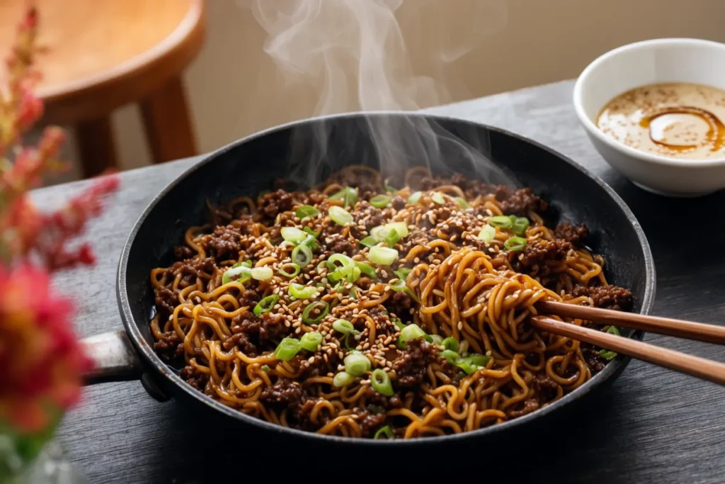 Ground beef ramen in a skillet with green onions and sesame seeds