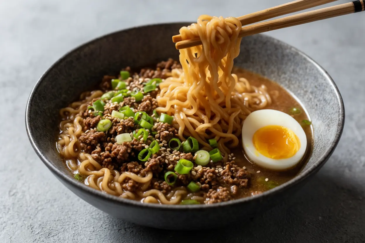 Bowl of ground beef ramen with chopsticks lifting noodles