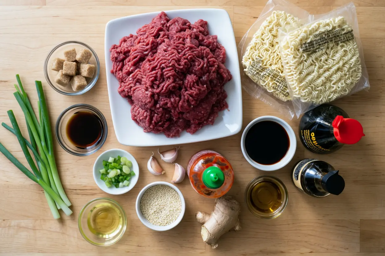 Ingredients for ground beef ramen laid out on a counter