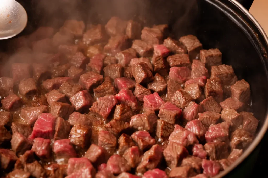 Beef browning in a pot for Hawaiian beef stew