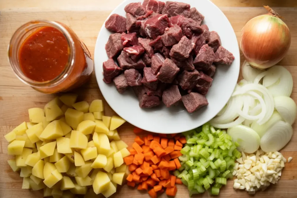 Ingredients for Hawaiian beef stew including beef, tomato sauce, potatoes, carrots, and celery