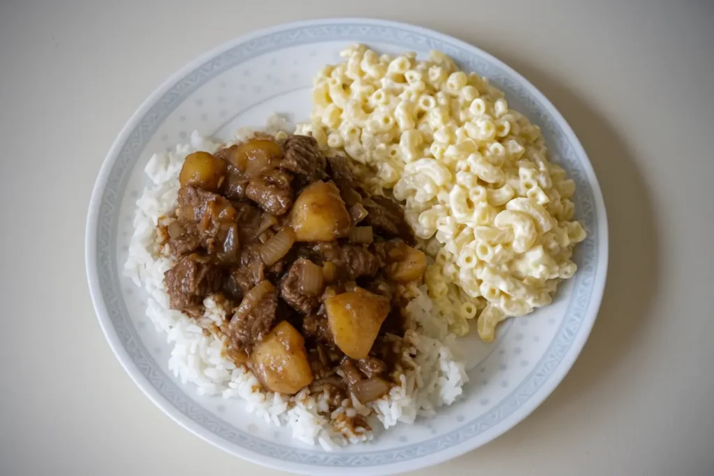 Hawaiian beef stew plate lunch with rice and macaroni salad