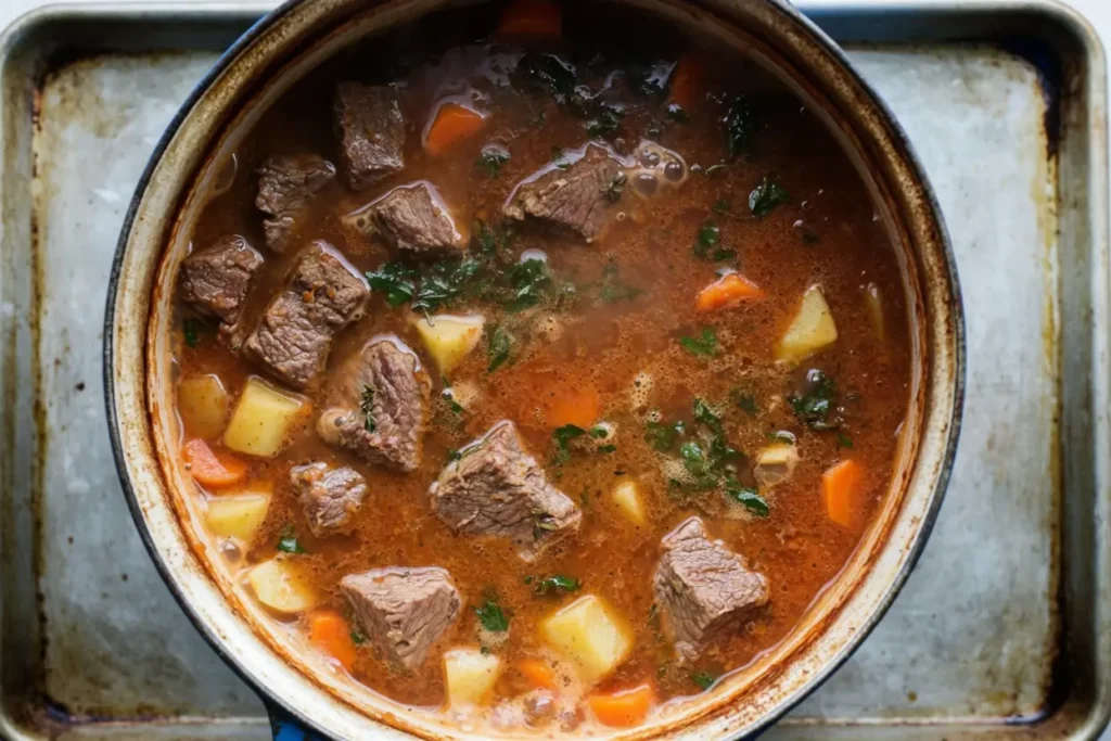 Hawaiian beef stew simmering in a pot with potatoes and carrots