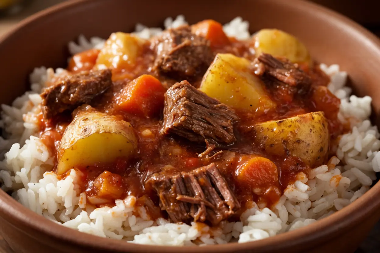 Hawaiian beef stew served over rice in a bowl