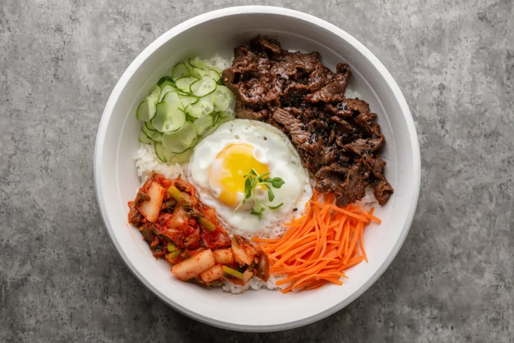 Korean beef bowl with rice, cucumber, kimchi, and a fried egg