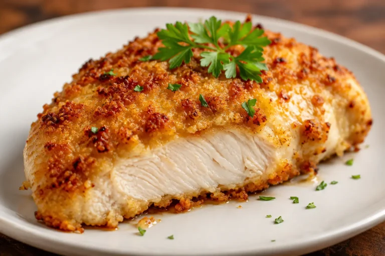 Longhorn parmesan crusted chicken with golden bubbly cheese crust on a white plate