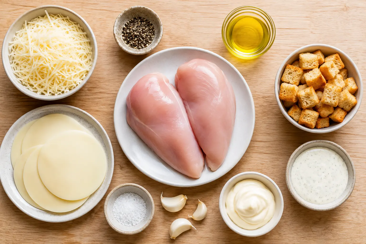 Ingredients for copycat Longhorn parmesan crusted chicken laid out on a counter
