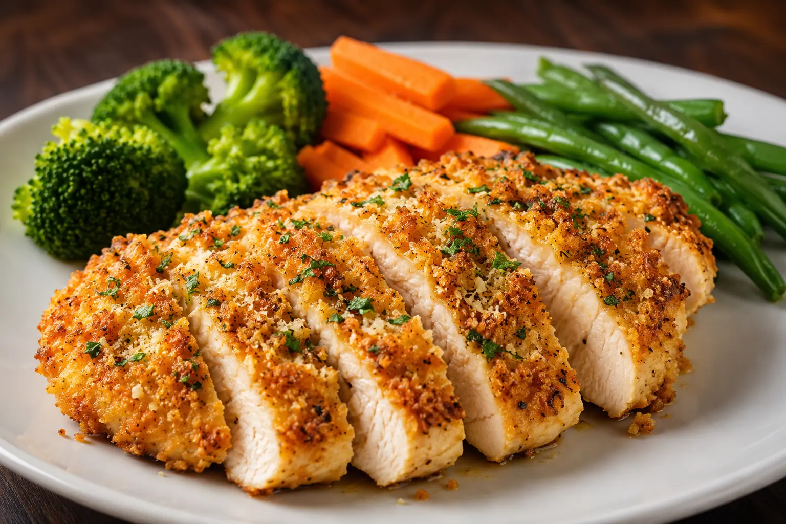 Sliced Longhorn parmesan crusted chicken showing juicy interior