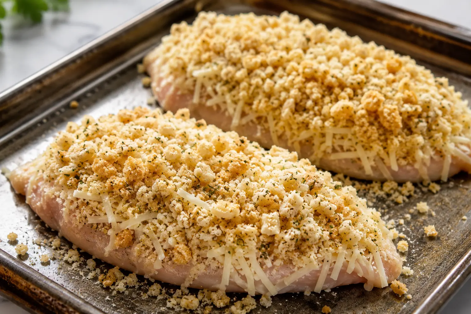 Parmesan crouton crust pressed over cheese before broiling