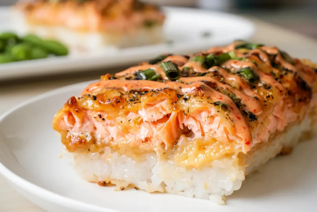 Close-up of golden baked salmon sushi bake with furikake and sriracha