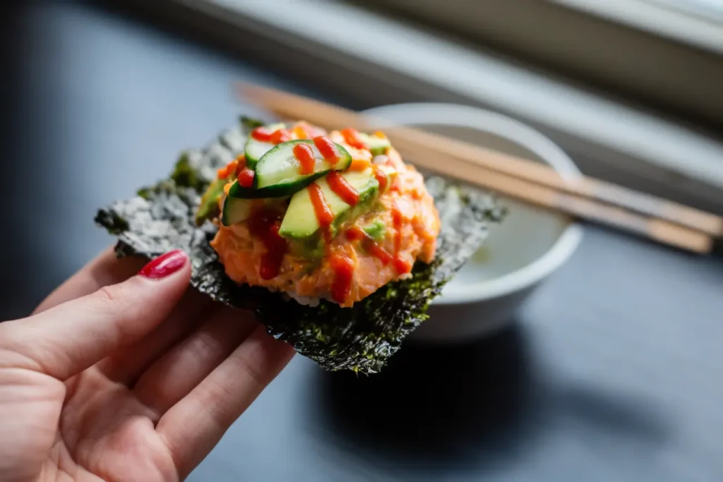Salmon sushi bake scooped onto a seaweed sheet with cucumber like a hand roll