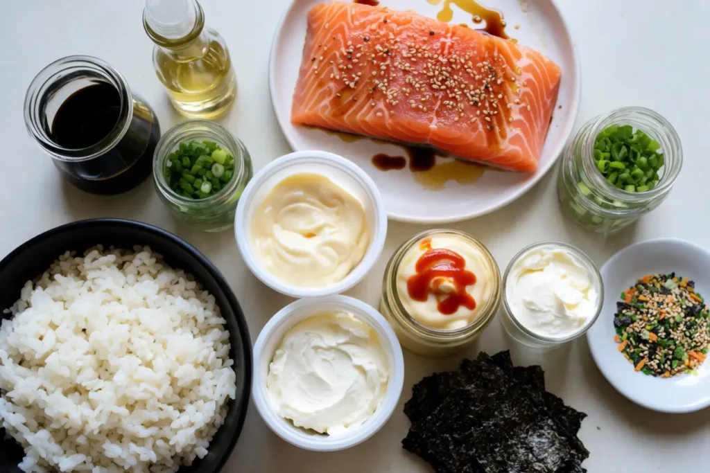 Ingredients for salmon sushi bake laid out on a counter