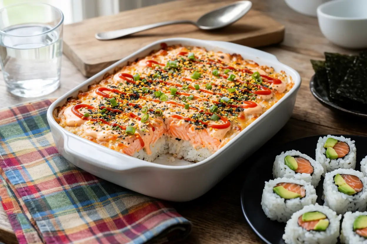 Salmon sushi bake in a baking dish topped with creamy salmon, furikake, and sriracha drizzle