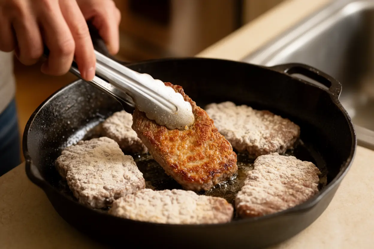 Cube steak searing in a skillet before going into the crock pot