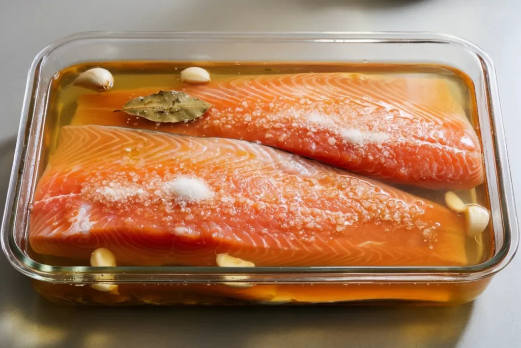 Salmon fillets brining in a smoked salmon brine