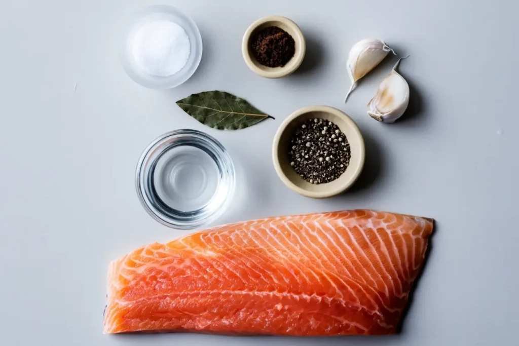 Ingredients for smoked salmon brine including salt, brown sugar, water, and aromatics
