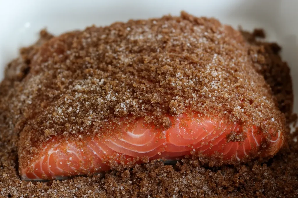 Salmon fillet coated in a salt and brown sugar dry brine cure