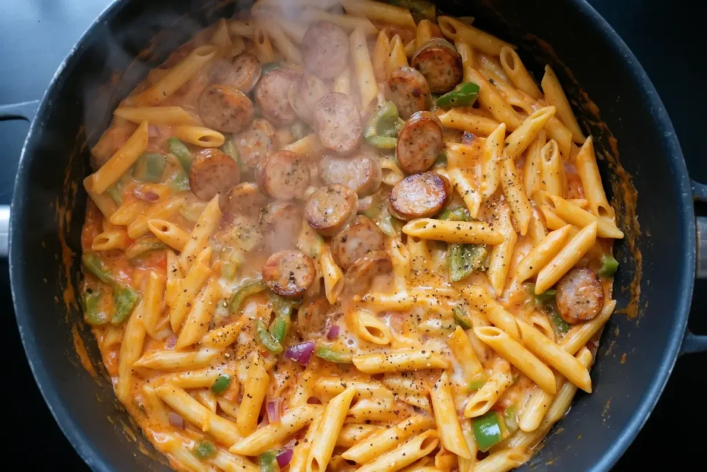 One-pan Cajun smoked sausage pasta simmering with peppers