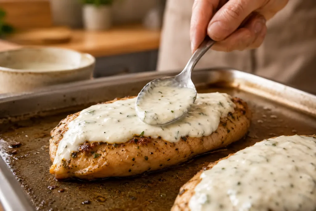 Spreading ranch garlic mixture over a grilled chicken breast