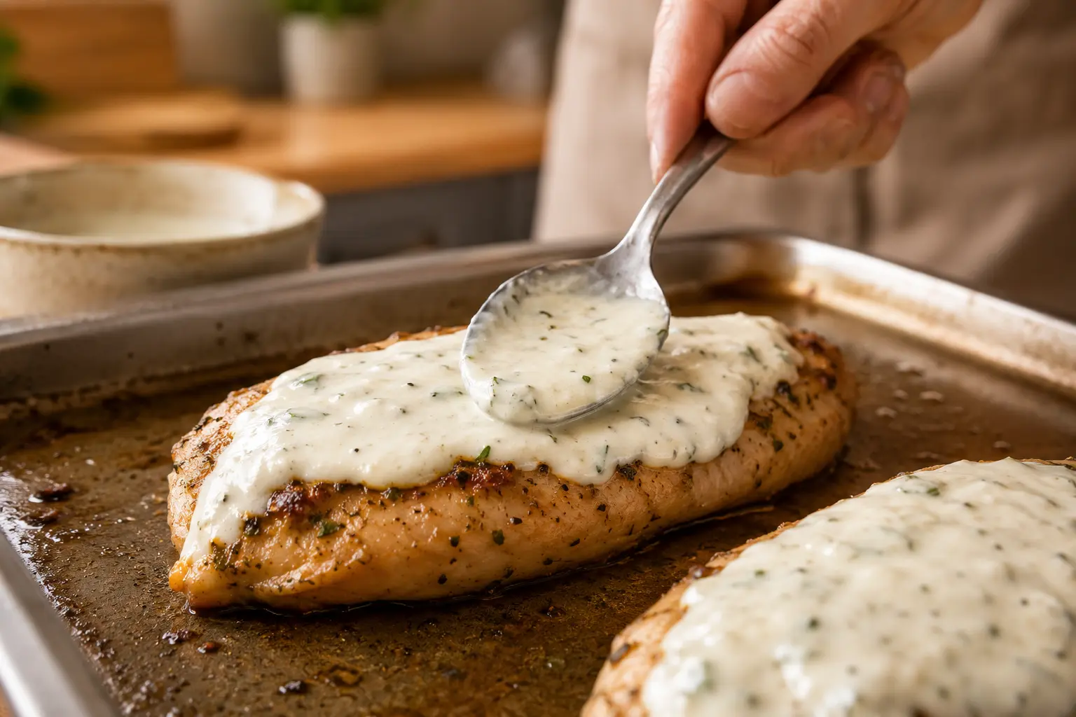 Spreading ranch garlic mixture over a grilled chicken breast