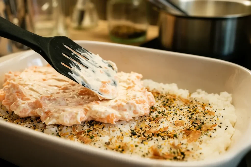 Spreading creamy salmon mixture over sushi rice in a baking dish