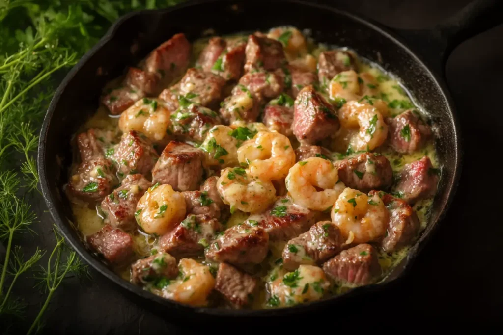 Garlic butter steak and shrimp in a skillet