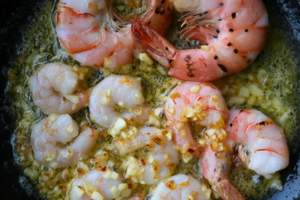 Shrimp cooking in garlic butter