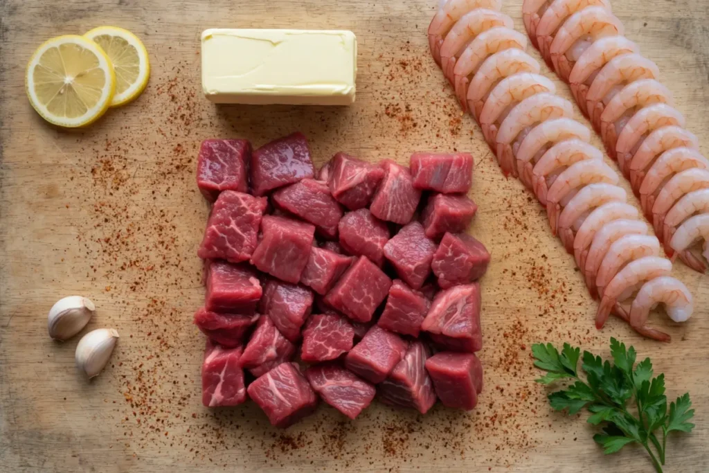 Ingredients for steak and shrimp including steak, shrimp, butter, garlic, and lemon