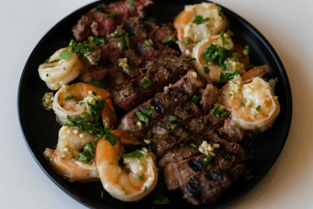 Garlic butter steak and shrimp plated with parsley