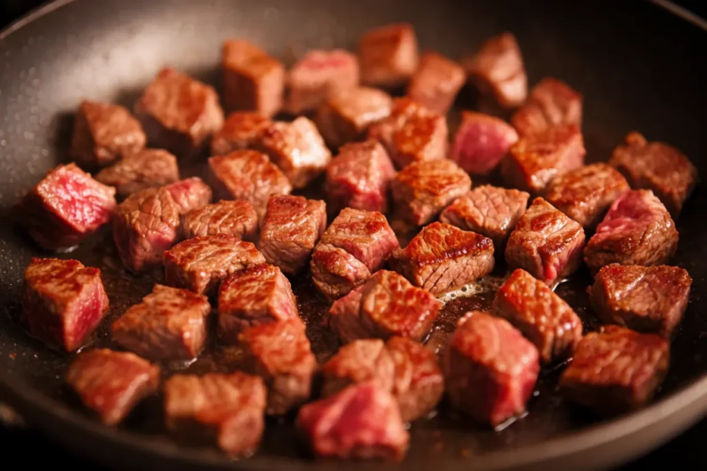 Steak cubes searing in a hot skillet