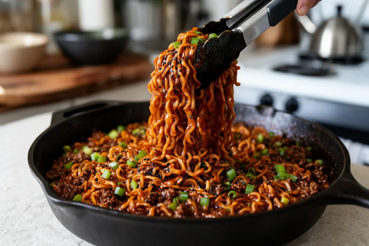 Tossing ramen noodles with ground beef in savory sauce