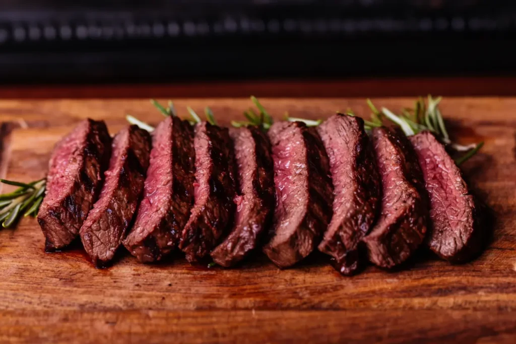 Grilled venison steak sliced on a board