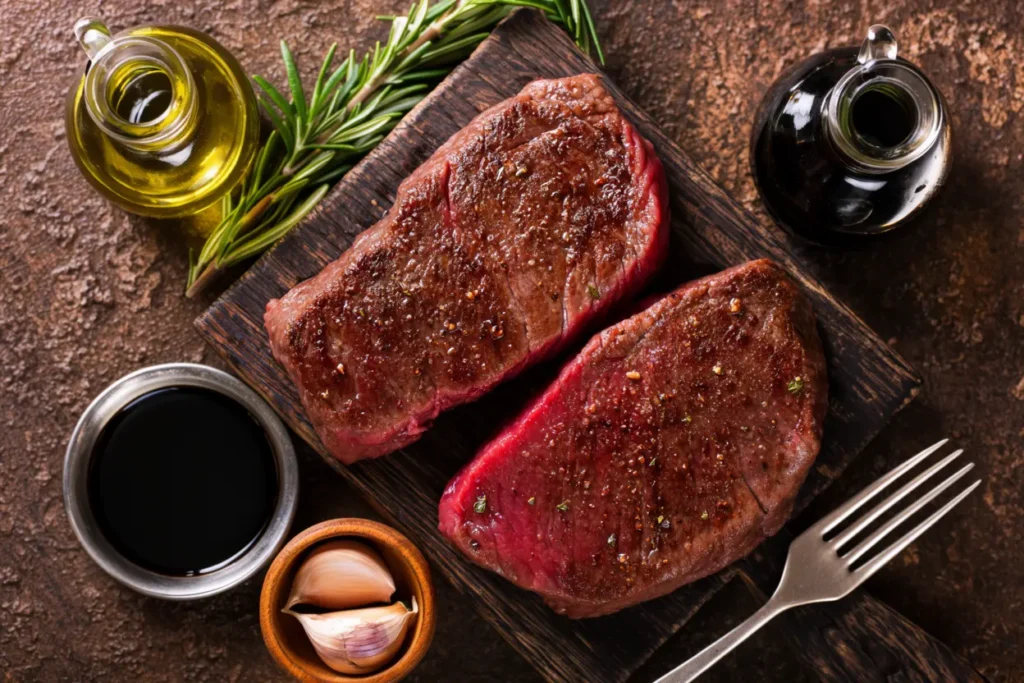 Ingredients for venison steak including venison, olive oil, garlic, balsamic, and rosemary