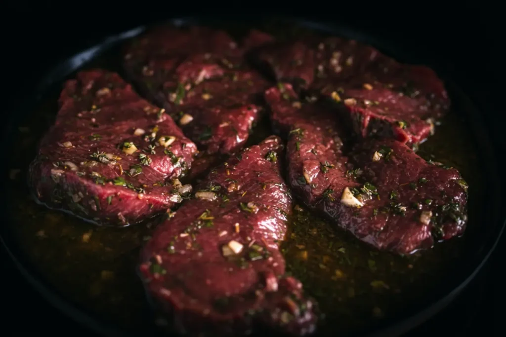 Venison steaks marinating in herbs and garlic