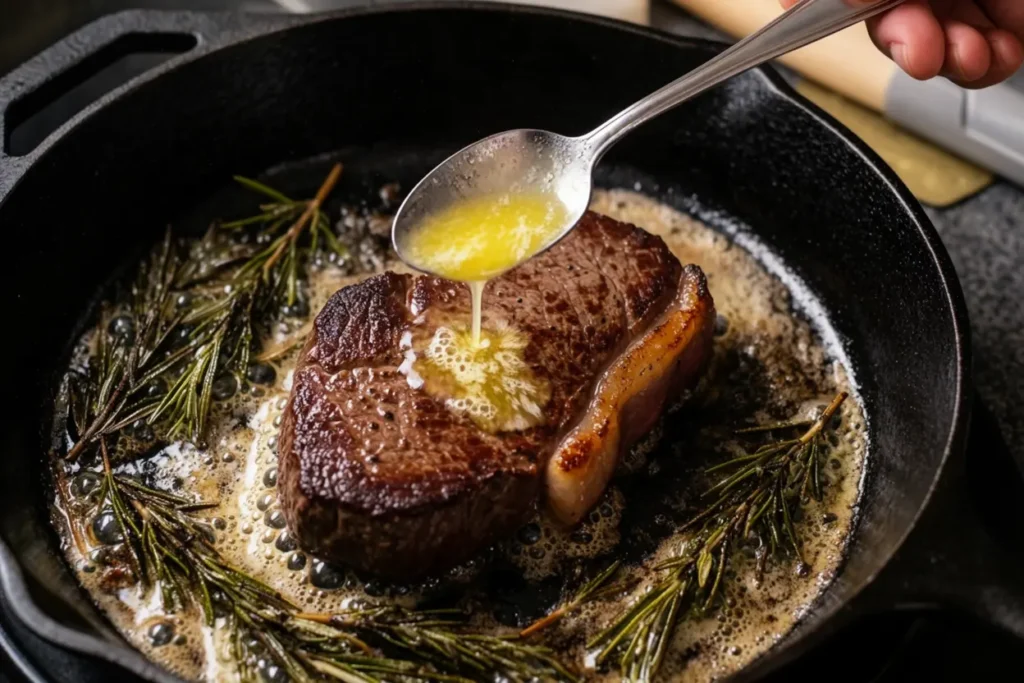 Venison steak searing in a cast iron pan with butter
