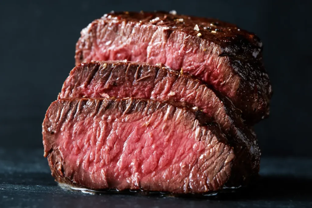 Sliced medium-rare venison steak