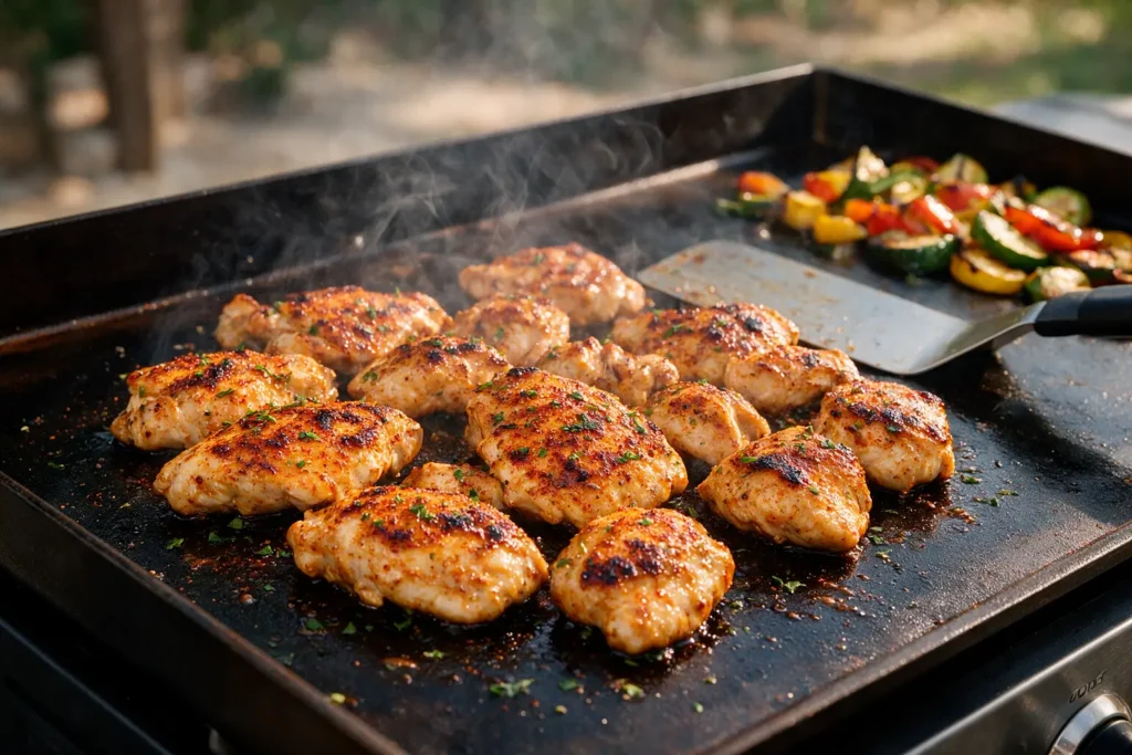 Seared blackstone chicken on a flat top griddle