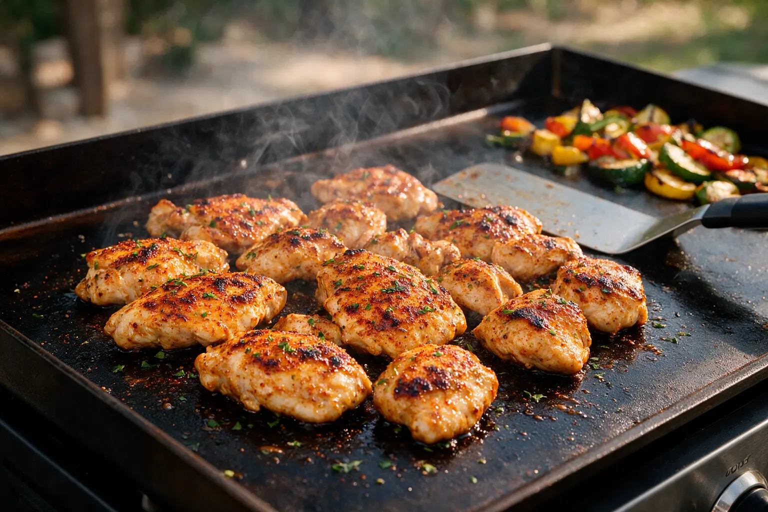 Seared blackstone chicken on a flat top griddle