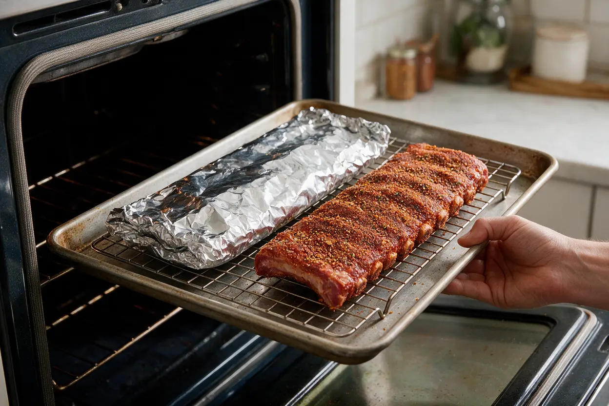 Foil-wrapped beef ribs on a baking sheet going into the oven