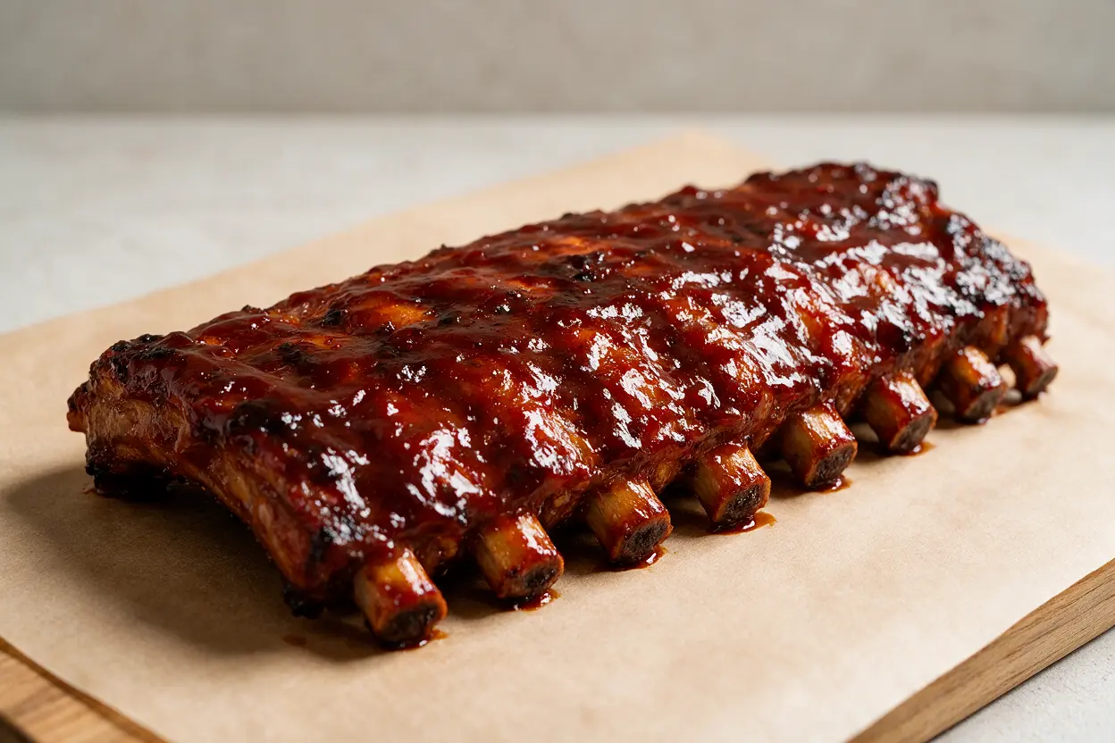 Beef ribs brushed with glossy barbecue sauce and caramelized